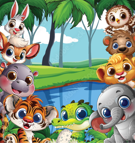 Adorable Jungle Animals by the Pond