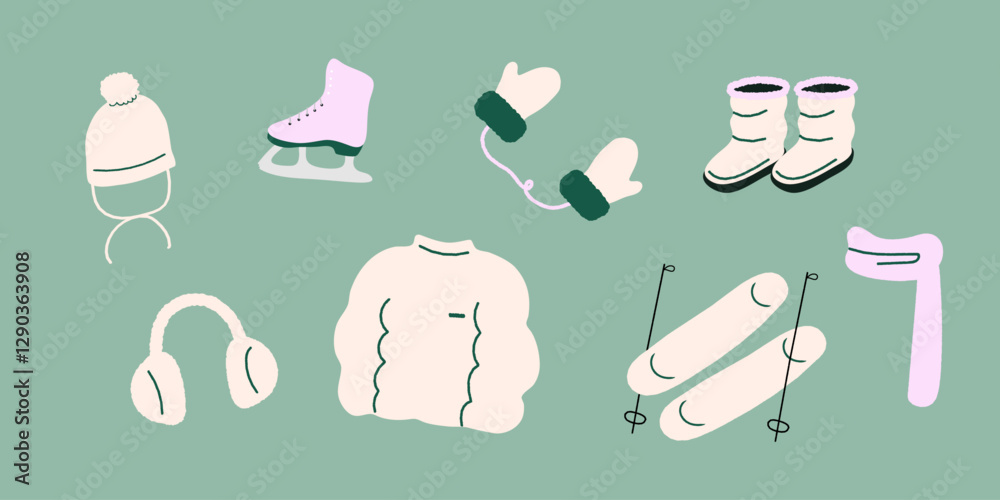 Winter wear and activity Simple Vector Illustration. Jumper, Ice Skate, Gloves, Ski boots, Earmuffs, Boots. 