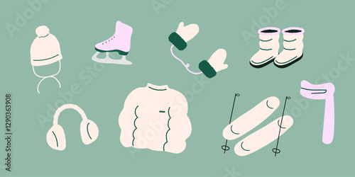 Winter wear and activity Simple Vector Illustration. Jumper, Ice Skate, Gloves, Ski boots, Earmuffs, Boots. 