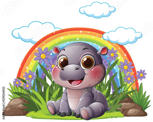 Cute Hippo with Rainbow and Flowers