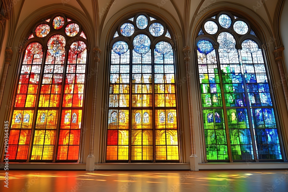 Fototapeta premium Vibrant stained glass windows showcasing intricate designs and colors in a historical building