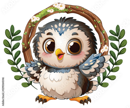 Cute Owl with Floral Wreath