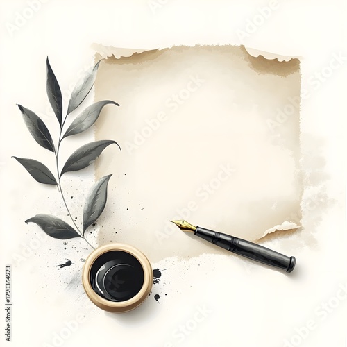 A pen and inkwell sit on a piece of paper with a leaf in the background