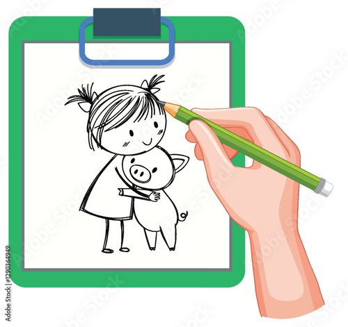 Child and Piglet Doodle on Clipboard