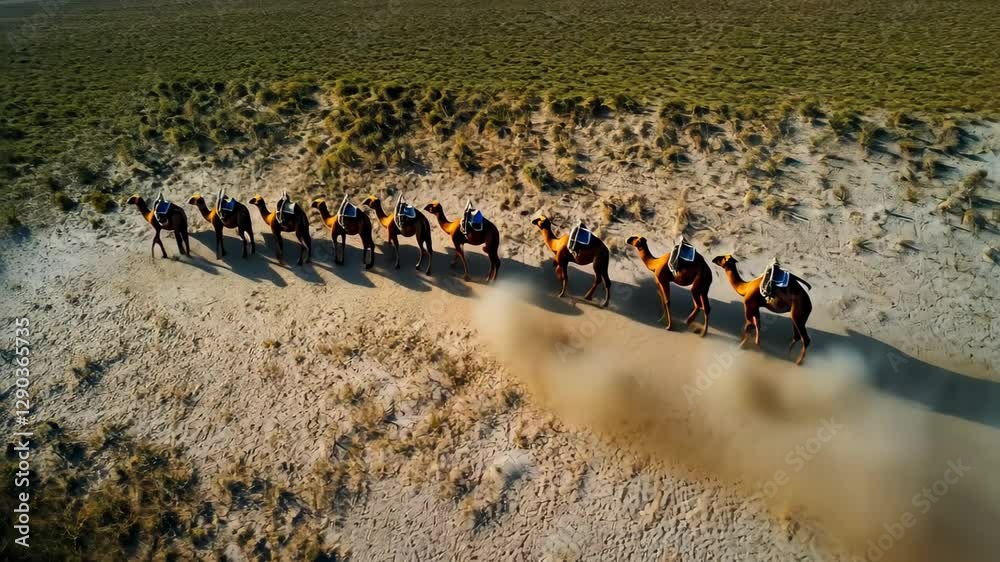 Camels being guided by handlers across sandy terrain in a remote desert ...