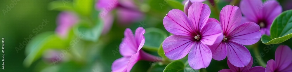 Close-up of vibrant purple flowers and green leaves in full bloom, blooming, close-up, nature Close-up of vibrant purple flowers and green leaves in full bloom, blooming, close-up, nature