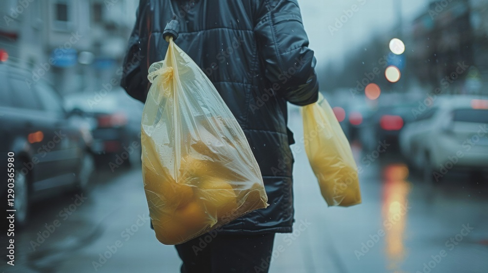 Obraz premium Person Walking in Rain with Yellow Bags of Oranges on City Street