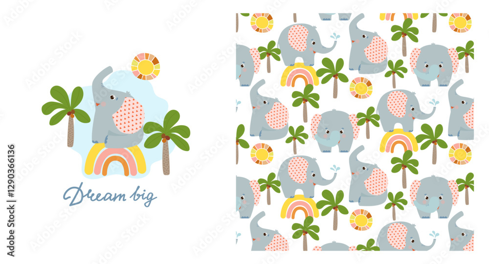 Children's pattern with little baby elephant sitting on rainbow, greeting card for baby shower. Seamless animal background, cute vector texture for baby bedding, fabric, wallpaper, wrapping paper, tex Children's pattern with little baby elephant sitting on rainbow, greeting card for baby shower. Seamless animal background, cute vector texture for baby bedding, fabric, wallpaper, wrapping paper, tex