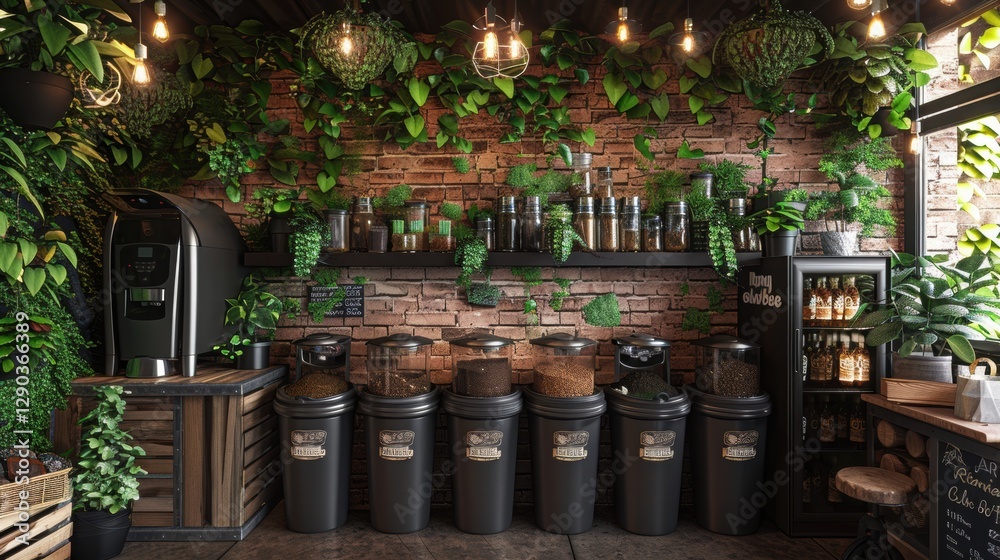 Fototapeta premium Cozy Green Coffee Shop Interior with Plants and Natural Elements
