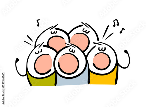 Large choir of children performs on the school stage. Vector illustration of extras at the opera in the theater. The boys are singing loudly. Isolated cartoon character on white background.