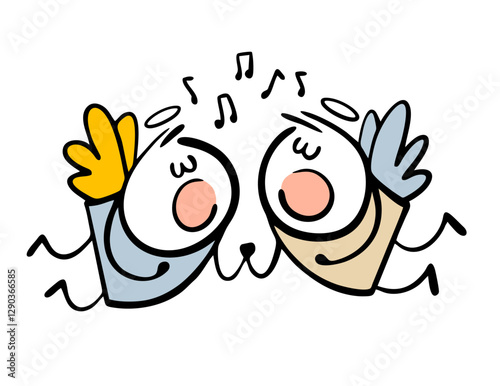 Two beautiful angels holding hands and singing a song. Vector illustration, temple decoration, Christmas choir. Isolated cartoon characters on white background.
