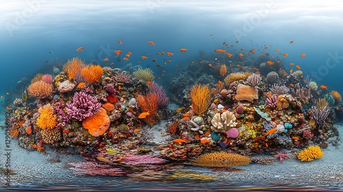 Vibrant underwater coral reef teeming with colorful fish, showcasing marine biodiversity and tranquility photo