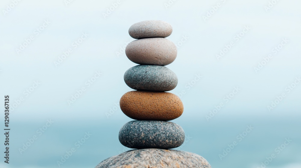 Serene Stacked Stones on a Coastal Rock with Tranquil Ocean Background in Soft Natural Light Serene Stacked Stones on a Coastal Rock with Tranquil Ocean Background in Soft Natural Light