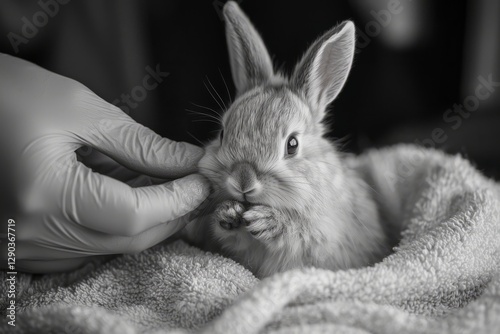 A rabbit sits on a soft towel as a vet checks its tiny paws, Its nose twitches as it sniffs the air, Generative AI