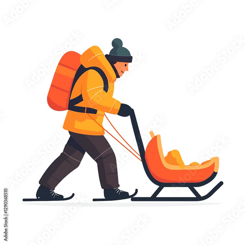 Man Pulling Sled In Winter Scene With Orange Backpack And Jacket On White Background