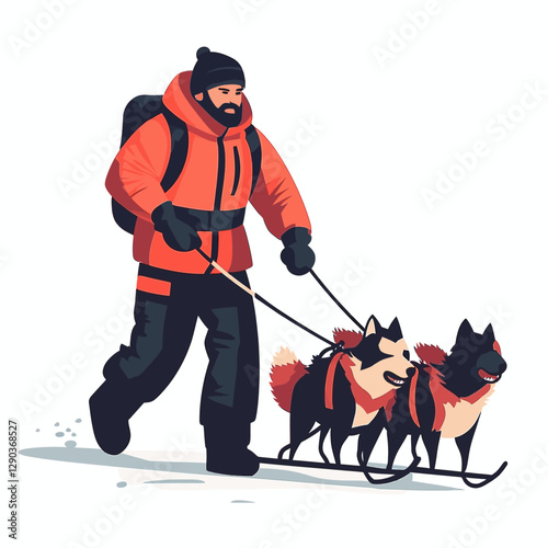 Man in Red Coat Sledding with Huskies on Snowy Ground Isolated