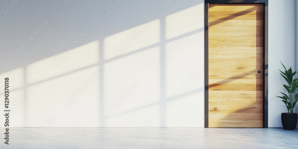 Fototapeta premium Modern interior design featuring a wooden door and natural light casting shadows on the wall