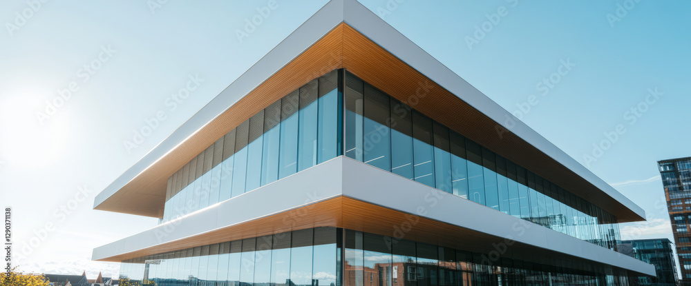 Fototapeta premium Modern architectural design of a three-story office building in a vibrant urban setting