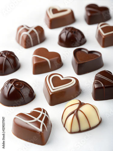 A variety of heart-shaped chocolates in dark and white chocolate formats