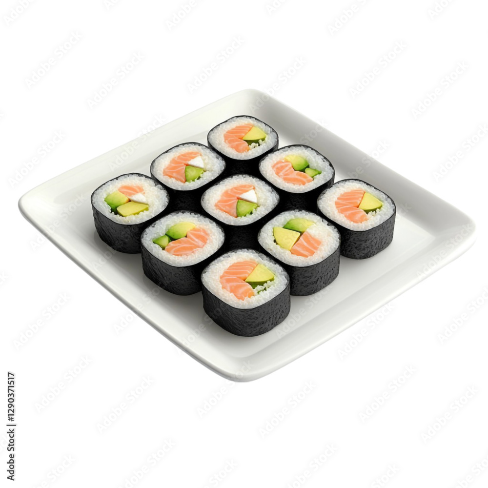 Delicious Salmon Avocado Sushi Rolls on White Plate, Delicious Salmon Avocado Sushi Rolls on White Plate,
