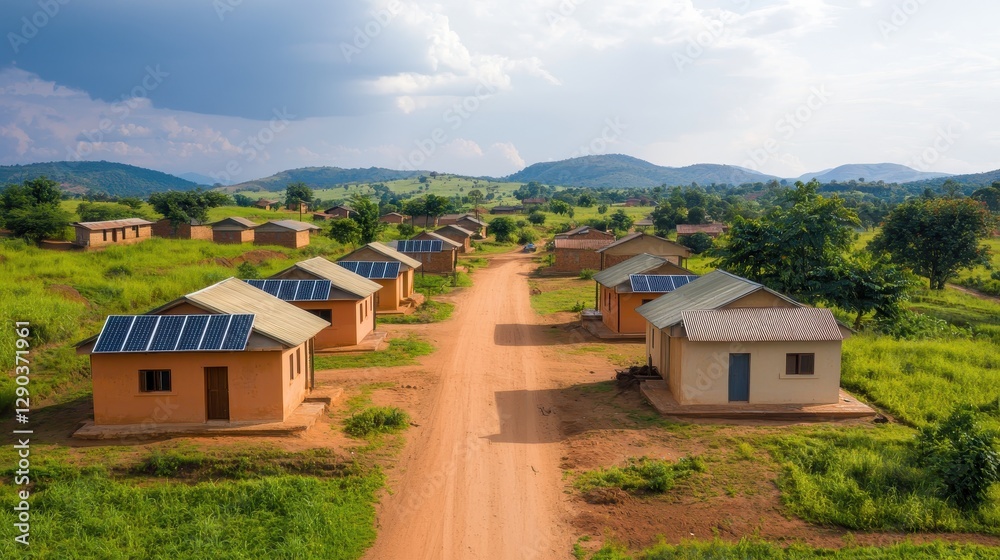 Scenic Aerial View of Eco-Friendly Homes with Solar Panels in Green Landscape Under Blue Sky Scenic Aerial View of Eco-Friendly Homes with Solar Panels in Green Landscape Under Blue Sky
