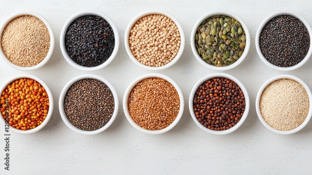 A Variety of Colorful Spices and Seeds in Small Bowls for Culinary Inspiration and Healthy Cooking A Variety of Colorful Spices and Seeds in Small Bowls for Culinary Inspiration and Healthy Cooking