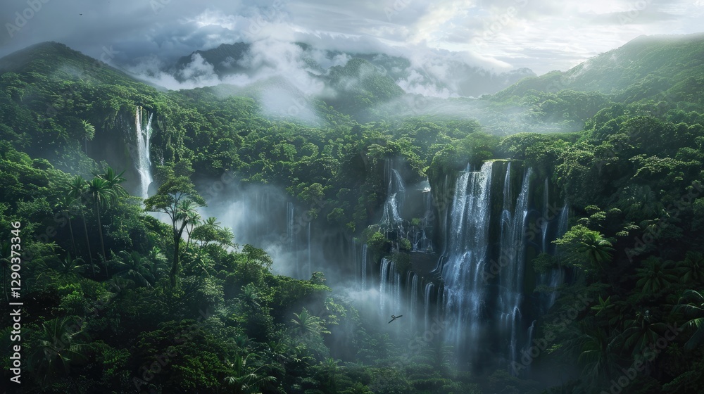 Fototapeta premium A Lush and Misty Tropical Waterfall Scene