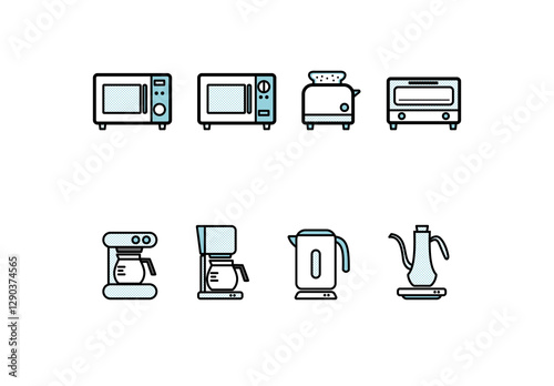 シンプルなキッチン家電の線画イラストセット（単色、ドット）
