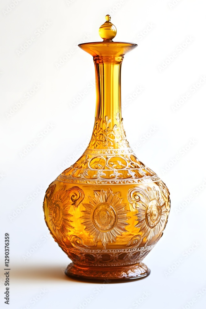 Amber Glass Decanter, Ornate Design, Studio Shot Amber Glass Decanter, Ornate Design, Studio Shot