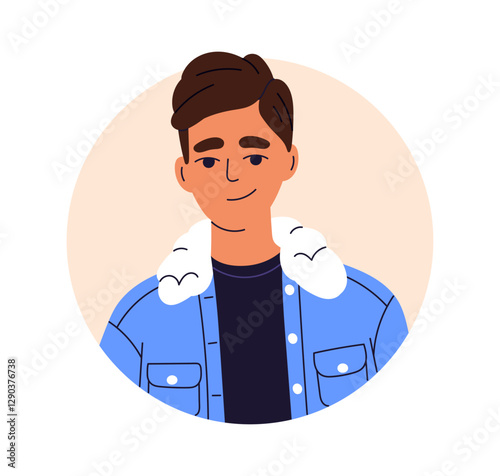 Man, head avatar. Young male character, face portrait in circle. Smiling guy ...
