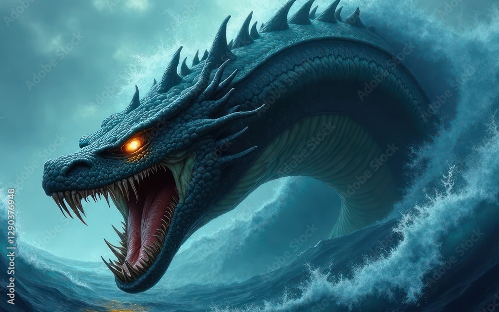 Fototapeta premium Majestic Sea Serpent Dragon Emerging from Ocean Waves Fantasy Art
