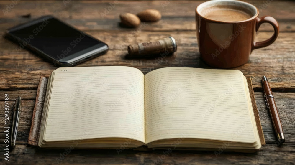 Fototapeta premium Blank pages of an open notebook surrounded by a smartphone, pen, and coffee cup