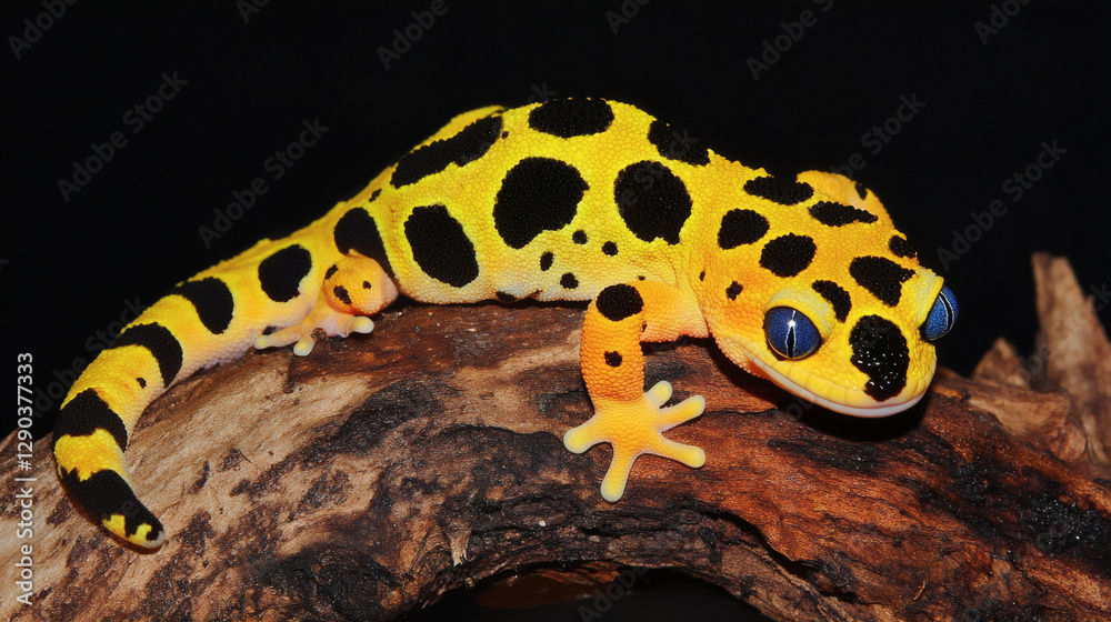 Fototapeta premium A bright yellow and black spotted gecko rests on a log, showcasing its vibrant colors against a dark background