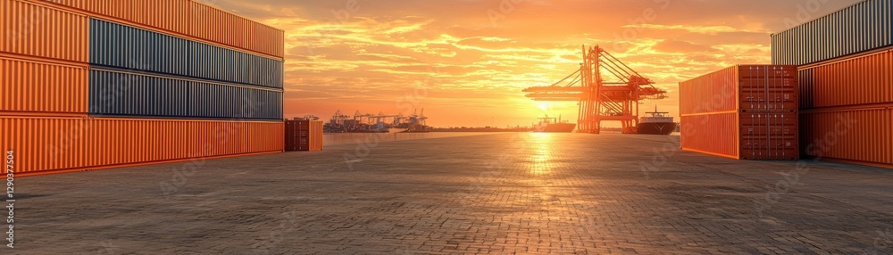 A stunning sunset over a shipping port with colorful containers and cranes. A stunning sunset over a shipping port with colorful containers and cranes.