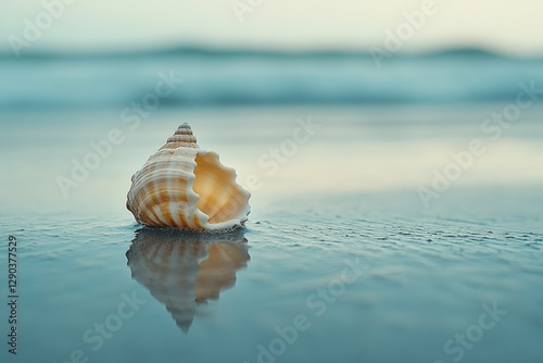 Fototapeta Naklejka Na Ścianę i Meble -  Seashell on tranquil beach reflecting in calm water, serene coastal scene.