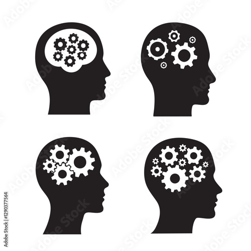 Human head gears tech logo, Cogwheel engineering technological inside brain, Artificial intelligence, Simple flat design icon symbol, Isolated on white