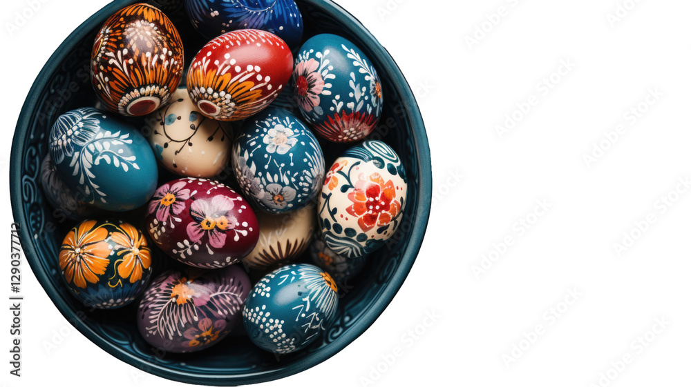 Fototapeta premium 3D Floral Painted Easter Eggs Bowl Element Isolated on Png Surface.