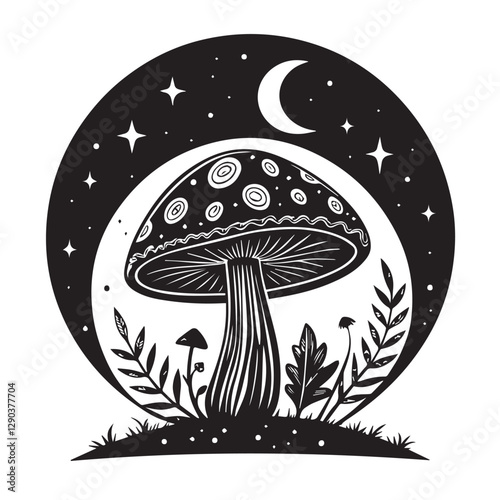 Mushroom Mushroom silhouette Mystical mushroom with moon and stars vector