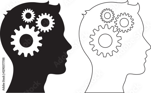 Human head gears tech logo, Cogwheel engineering technological inside brain, Artificial intelligence, Simple flat design icon symbol, Isolated on white