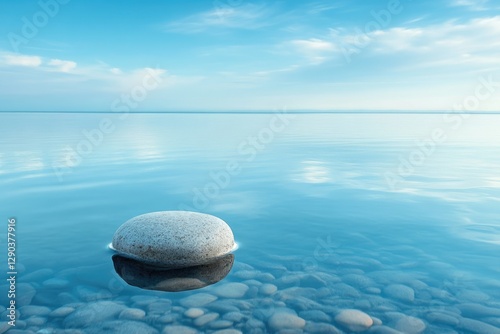 Serene lake scene with a single smooth stone resting on the calm, clear water under a peaceful blue sky.