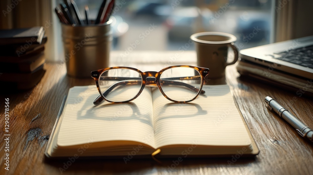 Fototapeta premium Notebook open to a blank page on an office desk with a pen, glasses, and a laptop