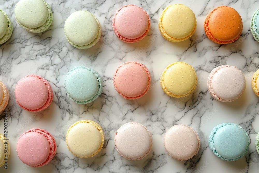 Fototapeta premium A delightful arrangement of colorful macarons on a marble surface.
