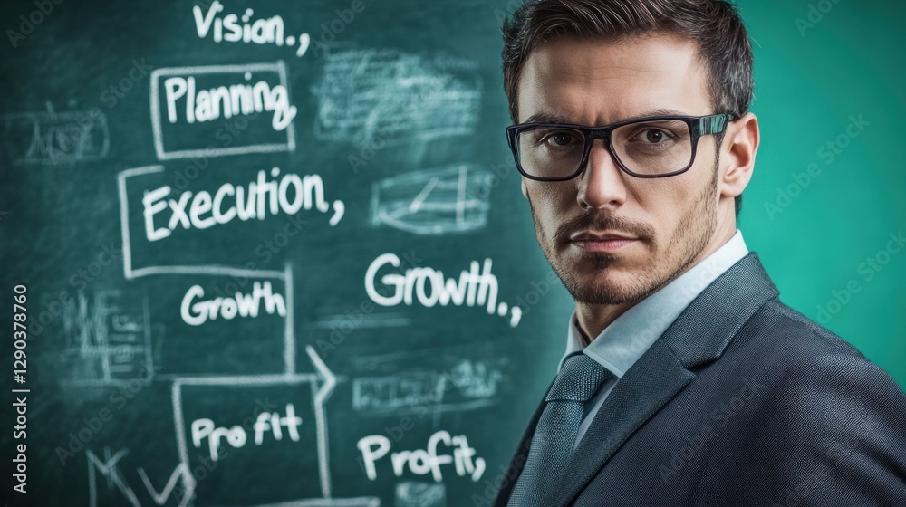 Professional Man Standing Against Board with Business Strategy Concepts Professional Man Standing Against Board with Business Strategy Concepts