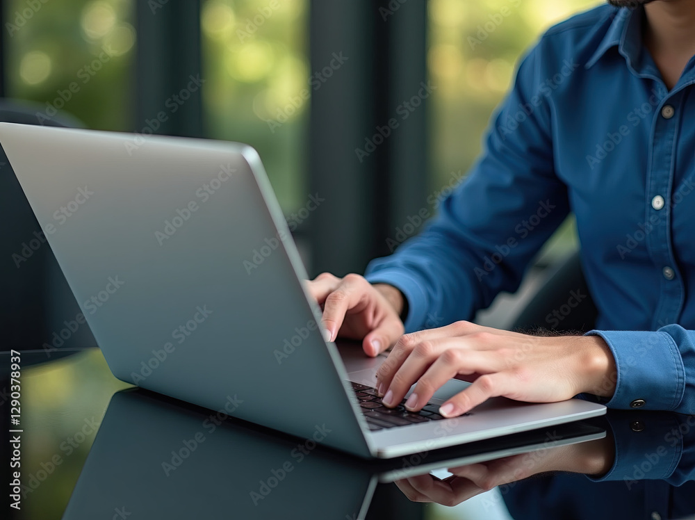 In the photograph, the figure wears a blue shirt and sits in front of a black reflective surface, his hands typing skillfully on a silver laptop. Fingers dance across the keyboard, demonstrating effic In the photograph, the figure wears a blue shirt and sits in front of a black reflective surface, his hands typing skillfully on a silver laptop. Fingers dance across the keyboard, demonstrating effic