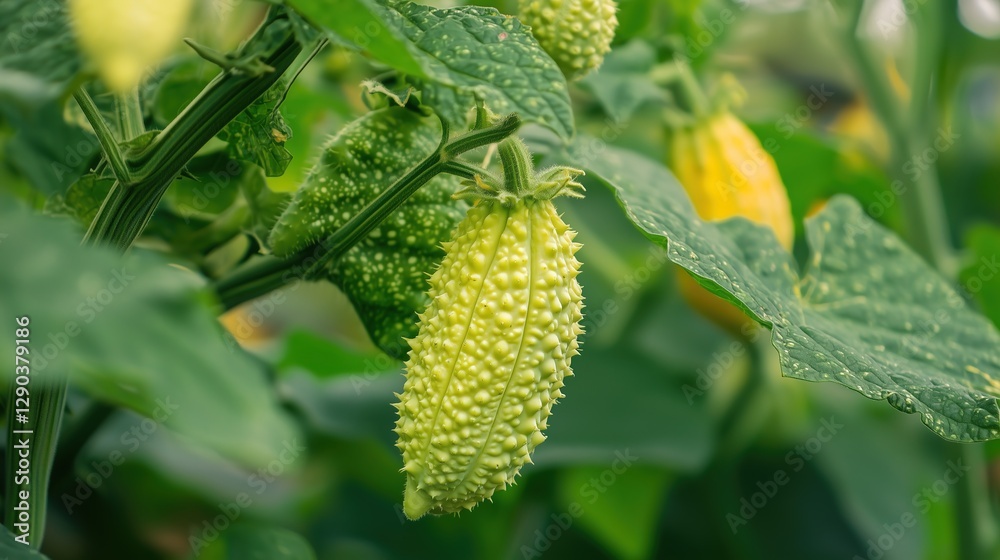 Close-up of a small, bumpy, light green bitter melon growing on a vine, surrounded by leaves Close-up of a small, bumpy, light green bitter melon growing on a vine, surrounded by leaves