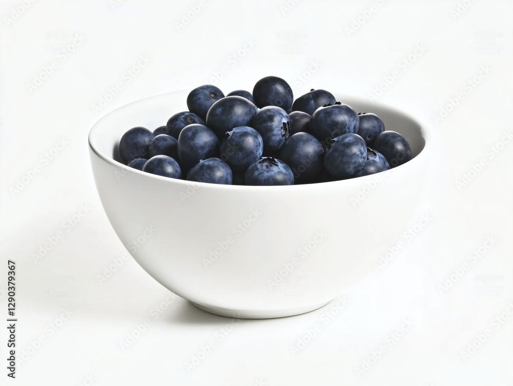 A minimalistic white bowl filled with plump, juicy blueberries, their deep blue color popping against the stark white background A minimalistic white bowl filled with plump, juicy blueberries, their deep blue color popping against the stark white background