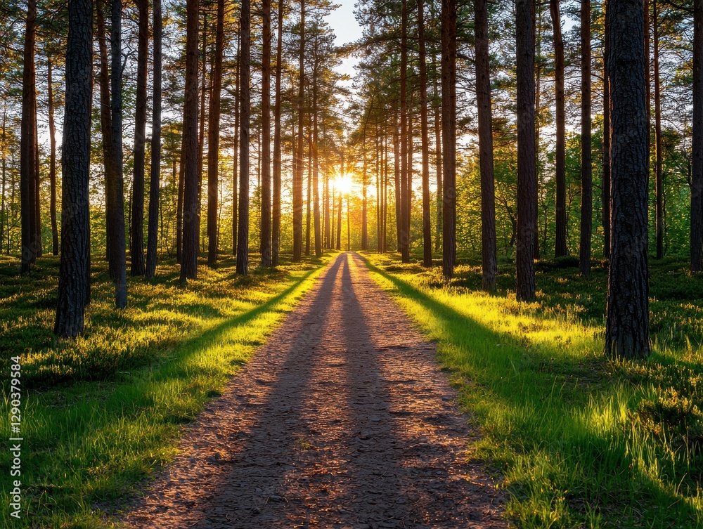 Fototapeta premium A sunlit forest path surrounded by tall trees and lush greenery inviting exploration.