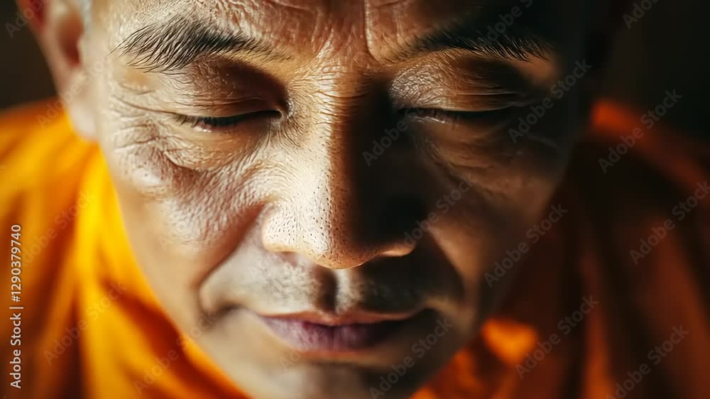 Close-up of a meditative monk with closed eyes, showcasing serene expression and vibrant orange robe Close-up of a meditative monk with closed eyes, showcasing serene expression and vibrant orange robe