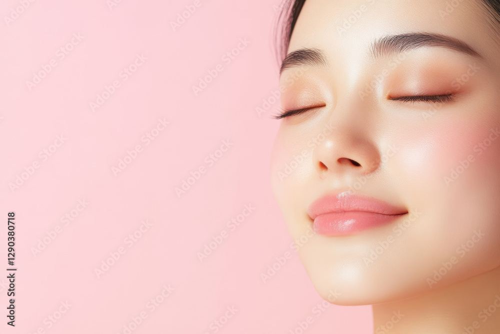 Serene Beauty Portrait of a Woman with Radiant Skin and Closed Eyes on Pink Background Serene Beauty Portrait of a Woman with Radiant Skin and Closed Eyes on Pink Background