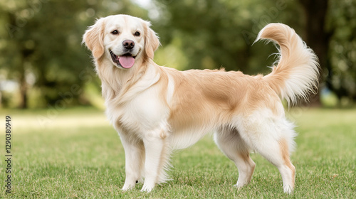 Happy golden retriever standing in a green field photo